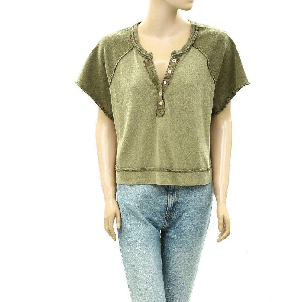 Free People We The Free Eyes Closed Henley Cropped Top Cotton Slouchy M - Picture 4 of 8